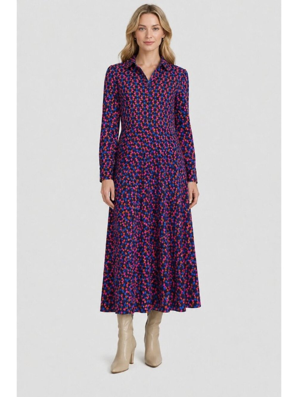Boden Retro print Blue Pink Dress Fit and Flare Maxi Dress size 6 Long stretch - Picture 1 of 9